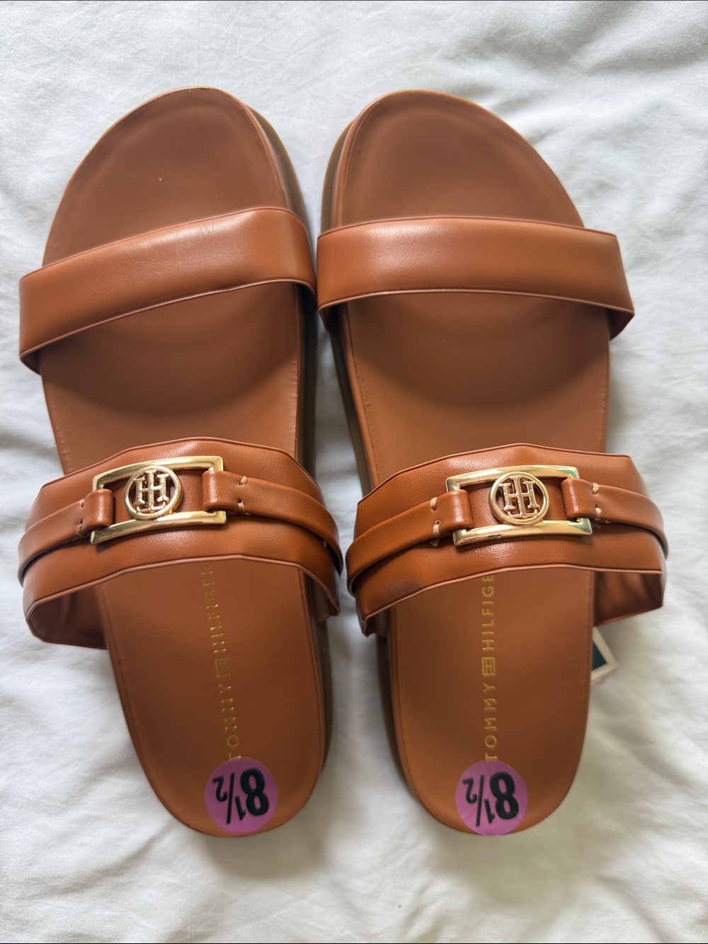 Tommy Hilfiger Women's Tan Slide Sandals with Gold Logo
